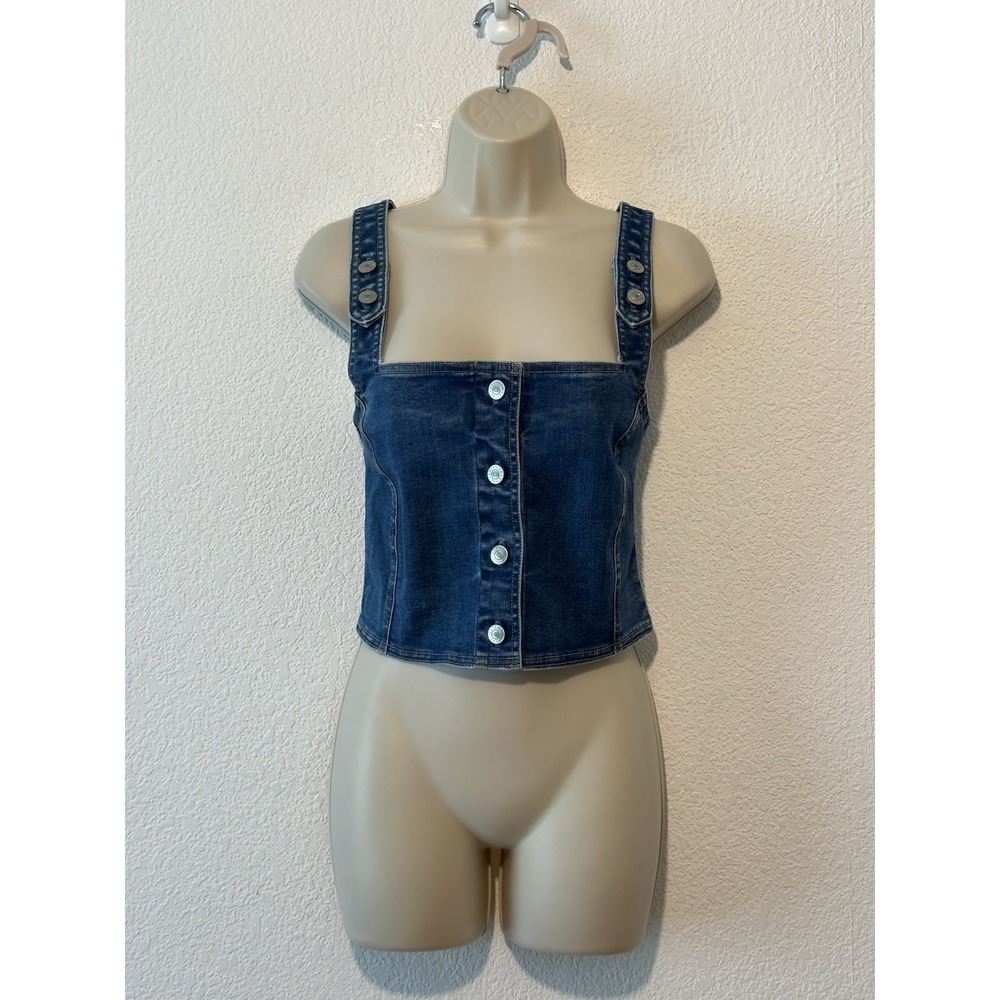 American Eagle Sample Denim Crop Tank Top Adjustable Wide Straps Boho Western S